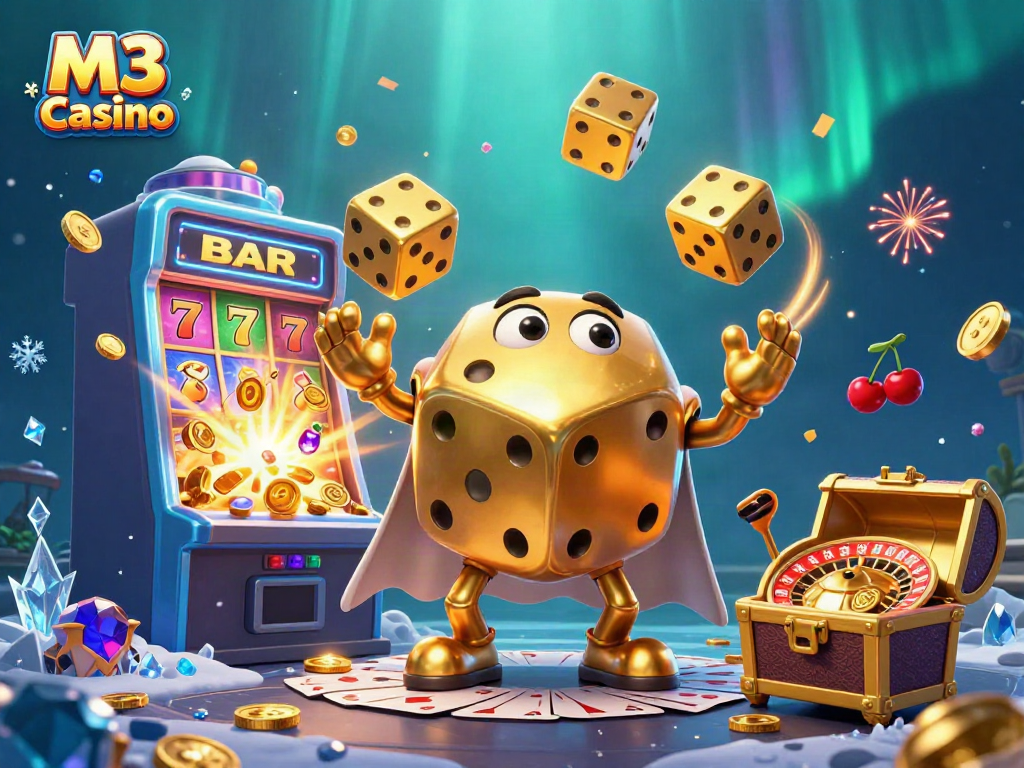Experience excitement at M3 Casino with golden dice, jackpot wins, and vibrant gaming elements.