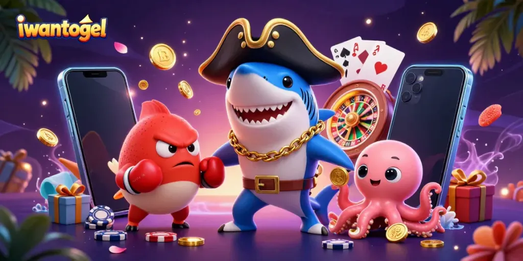 Experience the excitement of iwantogel with a cartoon pirate shark and gaming elements.