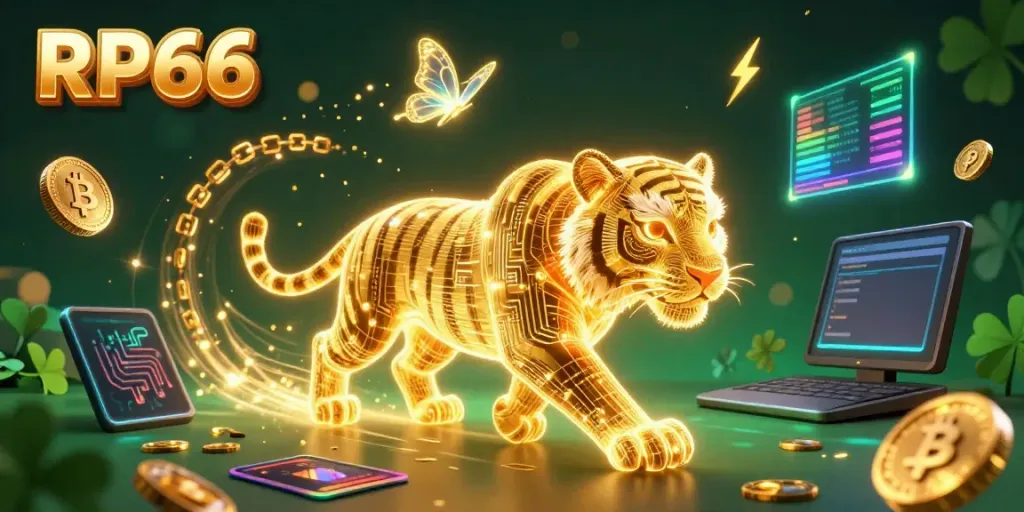 Engage in the vibrant digital casino world with RP66, featuring a golden tiger and cryptocurrency elements.