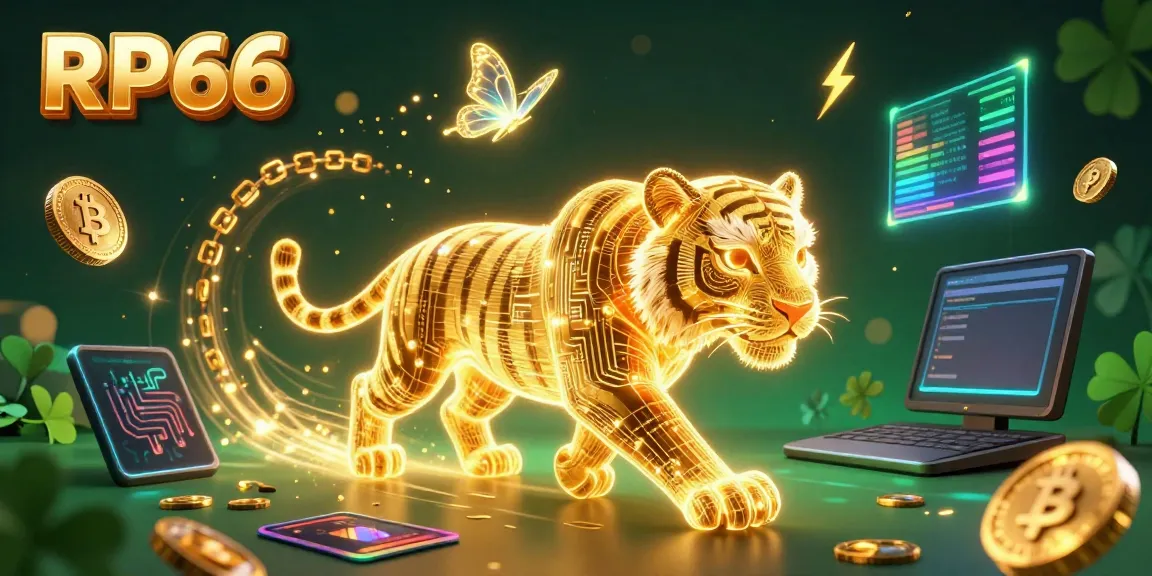 Engage in the vibrant digital casino world with RP66, featuring a golden tiger and cryptocurrency elements.