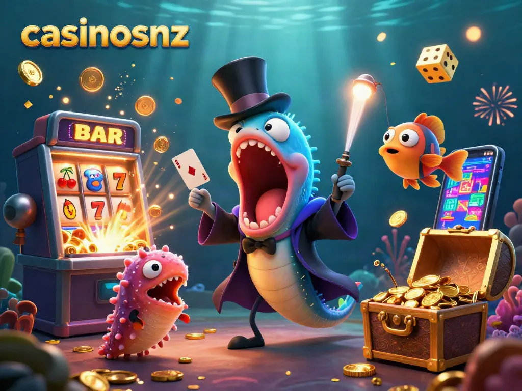 Experience vibrant action at casinosnz with a bioluminescent eel magician in a dynamic underwater casino scene.