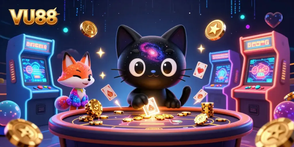 Experience the thrill of VU88 with a cosmic gaming scene filled with vibrant casino elements.