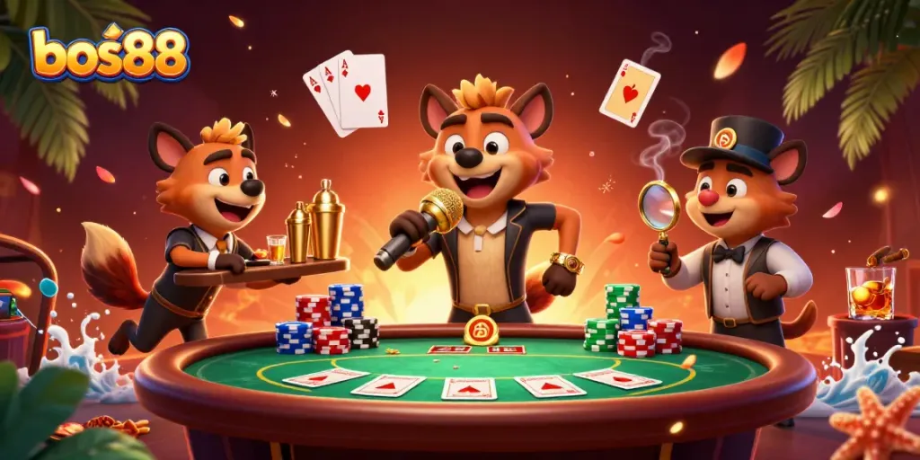 Rasakan keseruan bermain di bos88 dengan tiga hyena kartun dalam klub kasino yang penuh aksi.