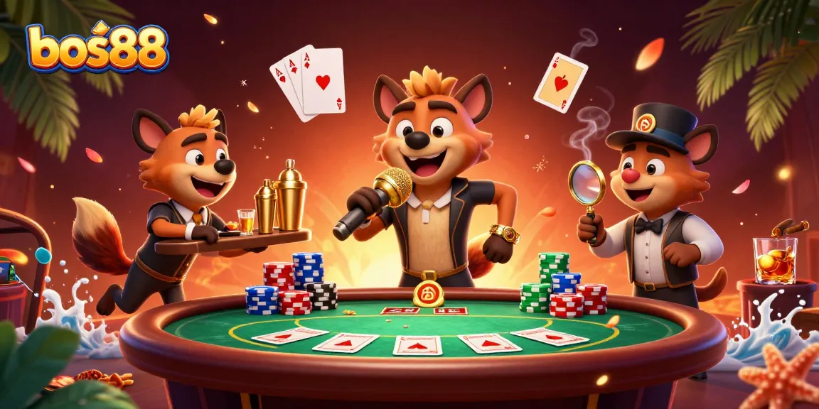Rasakan keseruan bermain di bos88 dengan tiga hyena kartun dalam klub kasino yang penuh aksi.