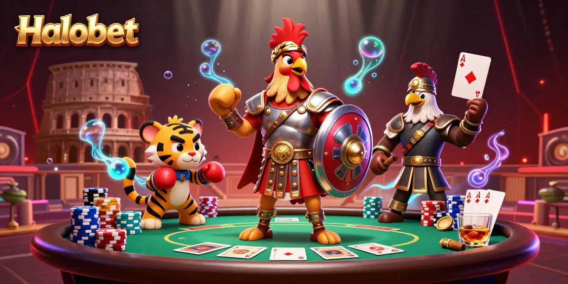 Halobet gladiator rooster in a dynamic casino scene filled with poker elements.