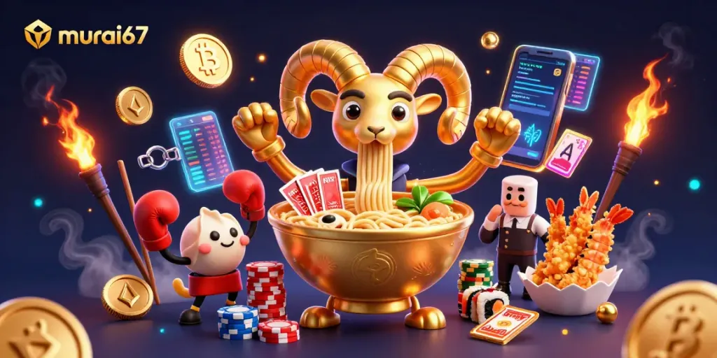 Engage in thrilling games at murai67 with animated 3D casino characters promoting luck and excitement.
