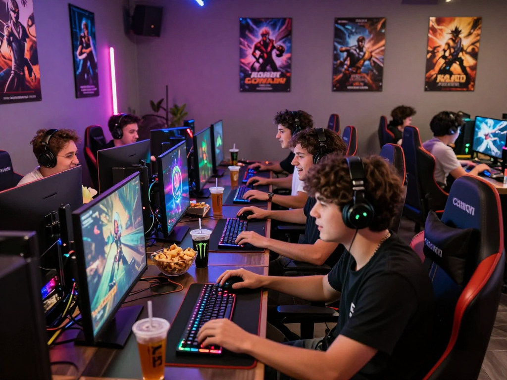 Suasana kafe gaming di mana teman-teman menikmati permainan bos88 dengan antusiasme dan keceriaan.