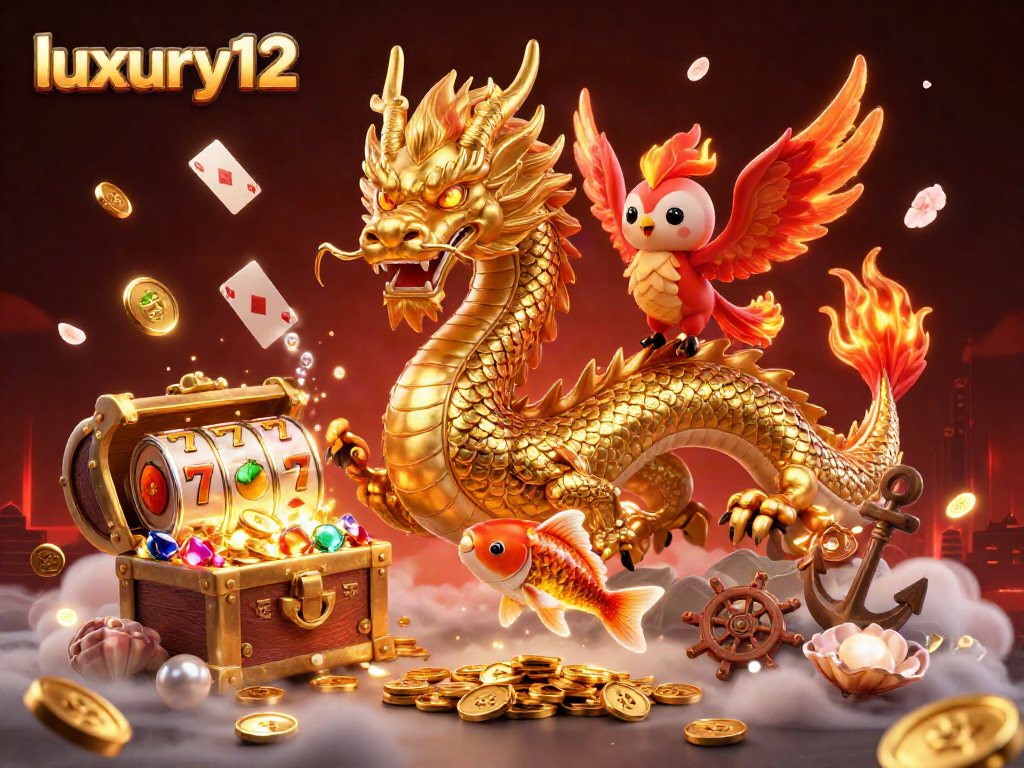 Engage with luxury12 casino excitement featuring a dragon, phoenix, and koi fish in an animated 3D scene.