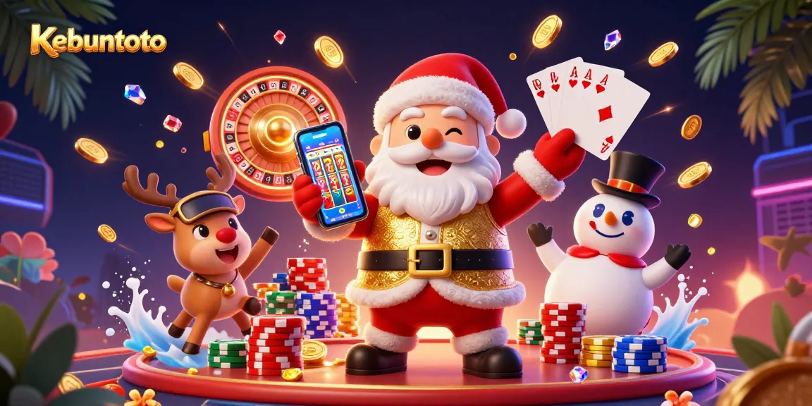 Permainan kebuntoto dengan Santa Claus dan teman-temannya menunjukkan jackpot slot di kasino.