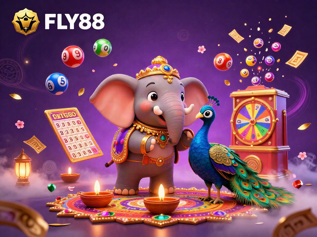 FLY88 brings excitement with a 3D elephant and colorful lottery elements in a vibrant casino scene.