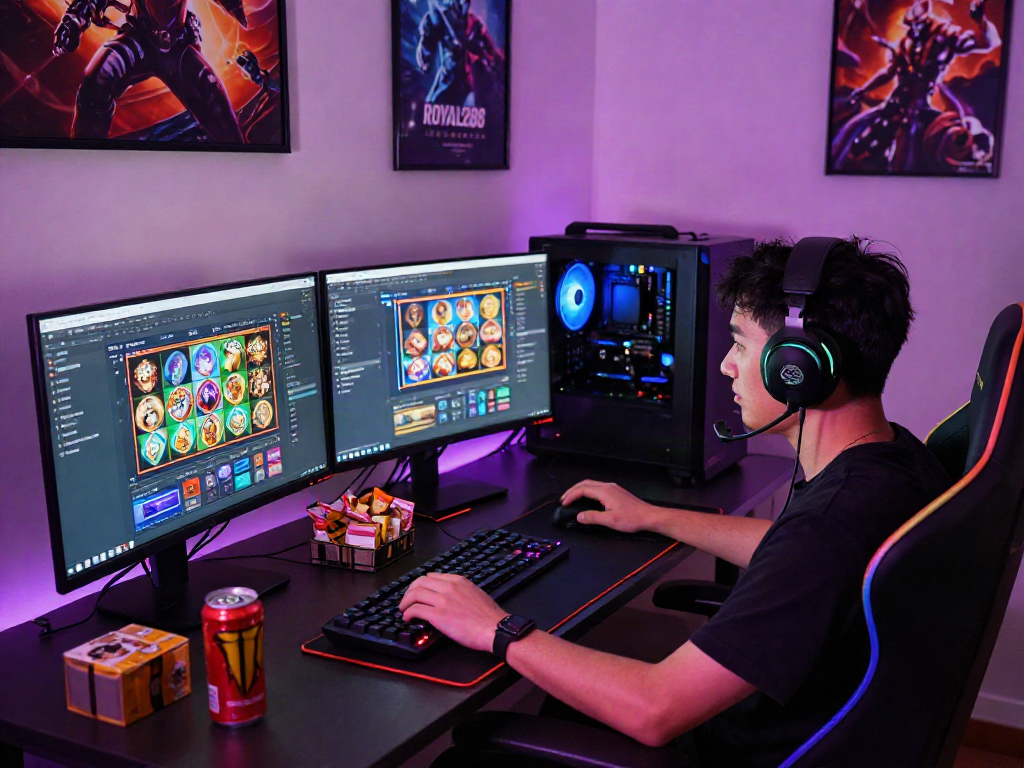 Gamer memainkan royal288 di ruang permainan modern dengan antarmuka slot berwarna-warni.