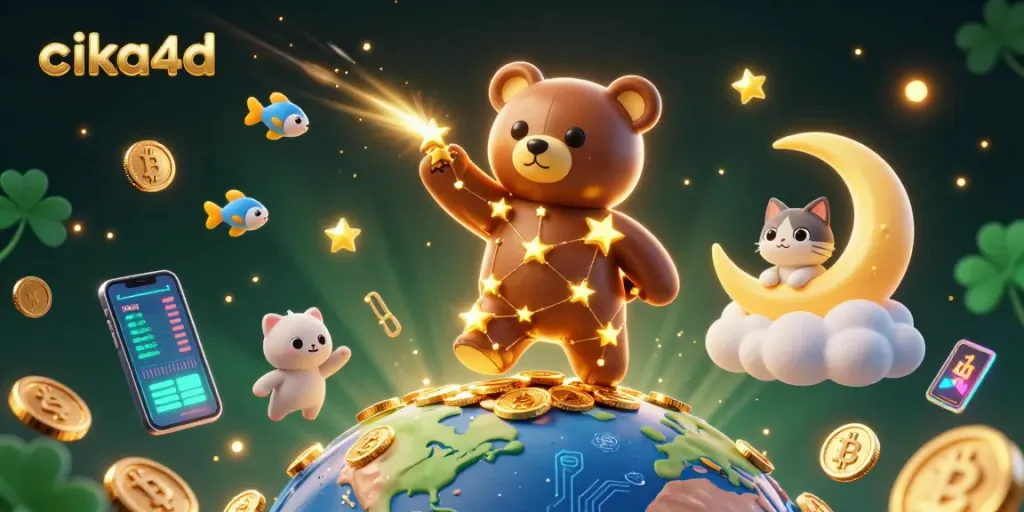 Engage with cika4d through a vibrant 3D illustration of a constellation bear and crypto elements.