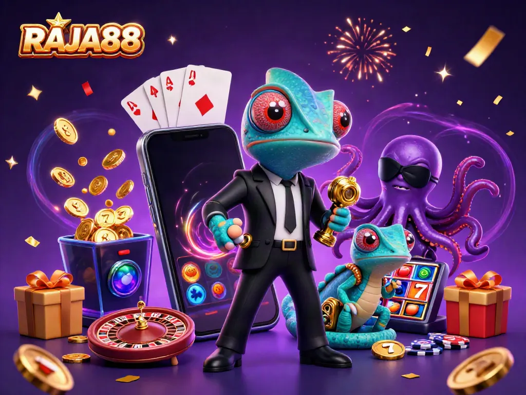 RAJA88 memberikan pengalaman mesin slot terbaik dengan karakter ceria dan elemen permainan di dalam ilustrasi.