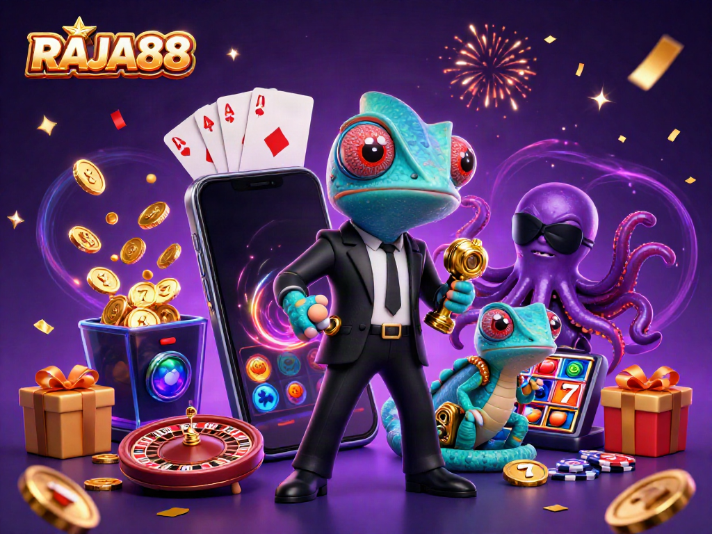 RAJA88 memberikan pengalaman mesin slot terbaik dengan karakter ceria dan elemen permainan di dalam ilustrasi.