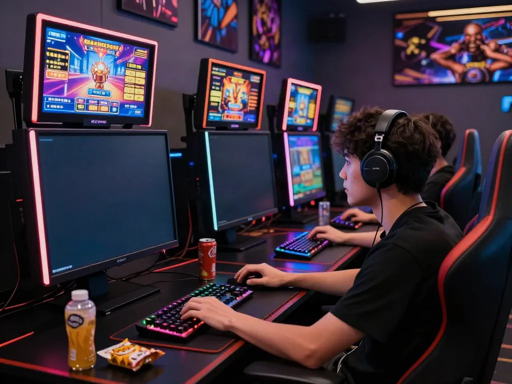 A80 slot information platform gaming scene with immersive monitors and vibrant gaming gear.
