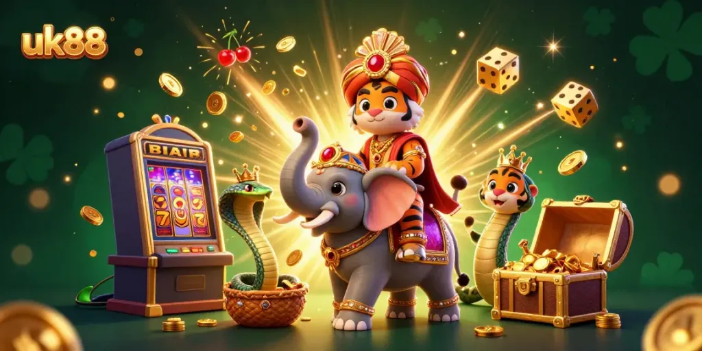Experience thrilling jackpots at uk88 with vibrant casino elements and characters in this captivating illustration.
