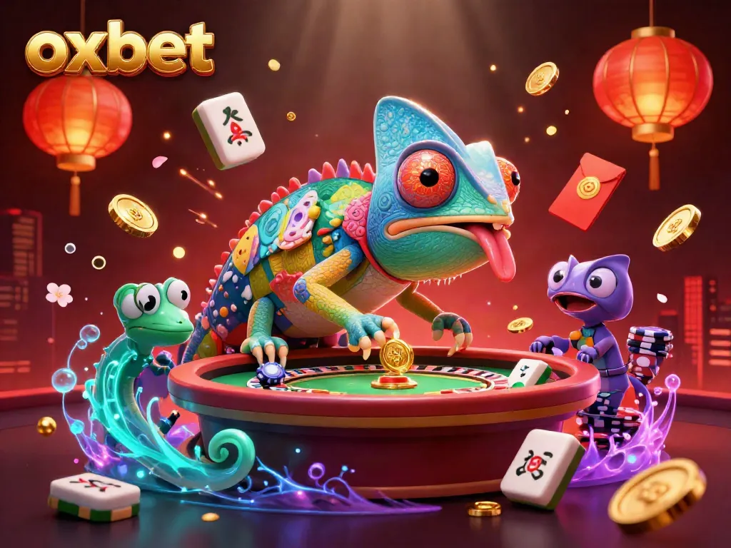 Experience the vibrant gaming world of OXBET featuring an animated chameleon owner capturing golden coins.