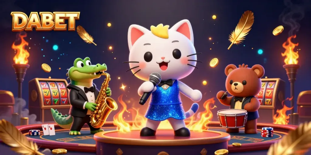 DABET offers a vibrant casino experience featuring a jazz-singer cat and a saxophone-playing crocodile.