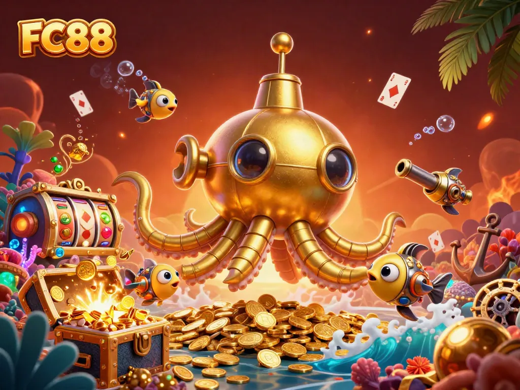 Engage in exciting gameplay at FC88 with a golden kraken submarine amidst slot machines and treasures.