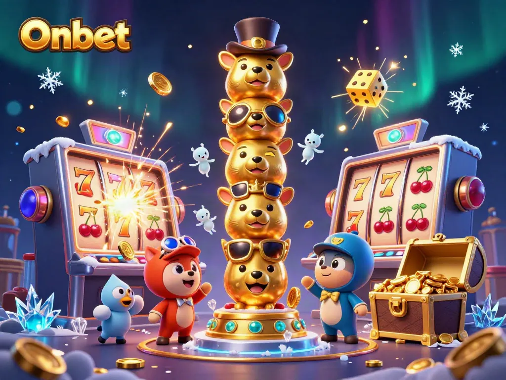 Onbet slot attractions with a vibrant totem pole and jackpot symbols bursting in a dynamic scene.