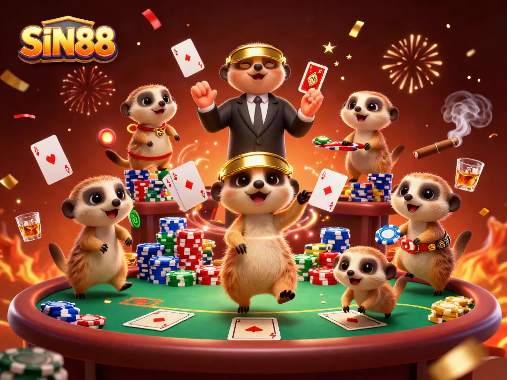 SIN88 meerkat casino scene with lively characters, poker elements, and vibrant colors.