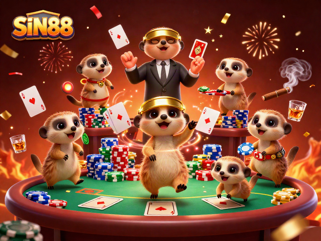 SIN88 meerkat casino scene with lively characters, poker elements, and vibrant colors.