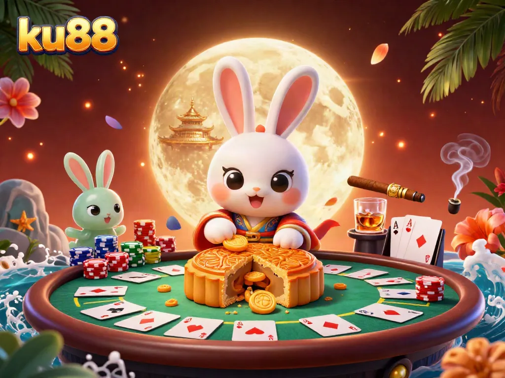 Experience the thrill of ku88 with a dynamic casino scene featuring a moon rabbit, poker chips, and vibrant gameplay.
