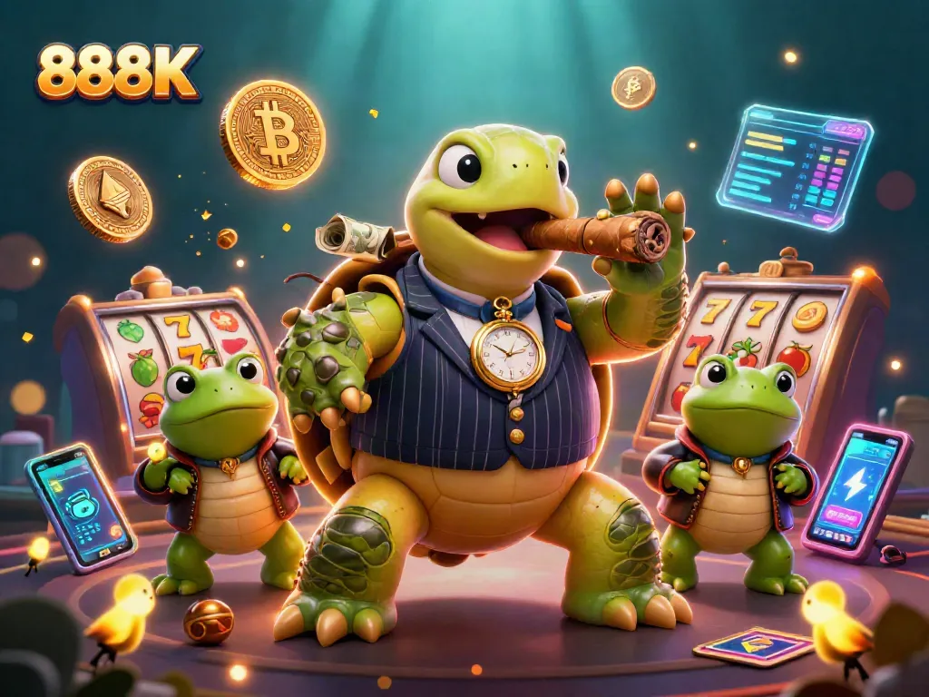Experience thrilling casino action with 888K's rich 3D scene featuring a unique turtle character.