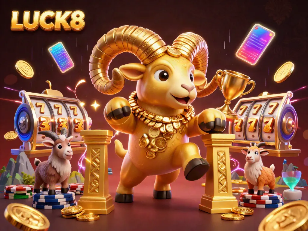 Win big with LUCK8 in this vibrant 3D casino scene featuring golden ram and exciting game elements.