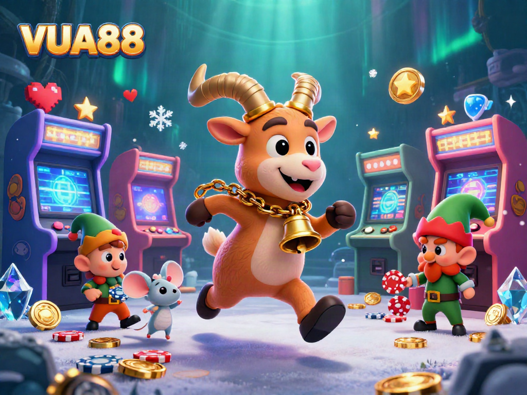 Experience the thrill of VUA88 as playful gremlins steal poker chips in a vibrant casino scene.