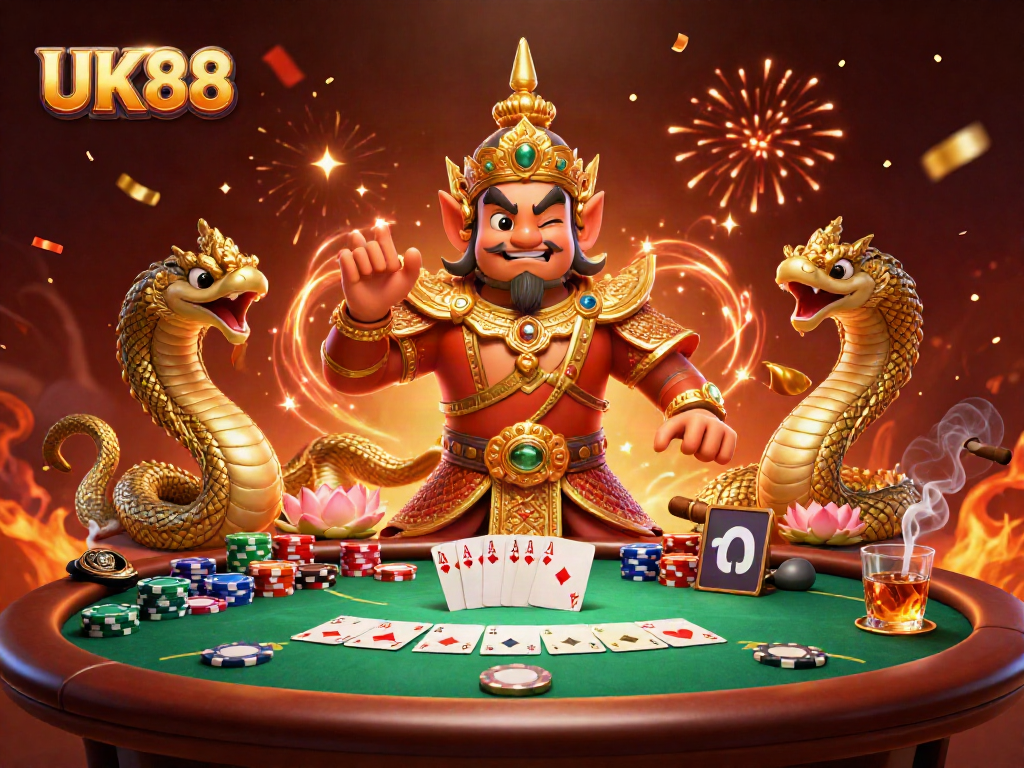Experience the thrill of winning at UK88 with a vibrant 3D casino scene full of excitement and rich details.