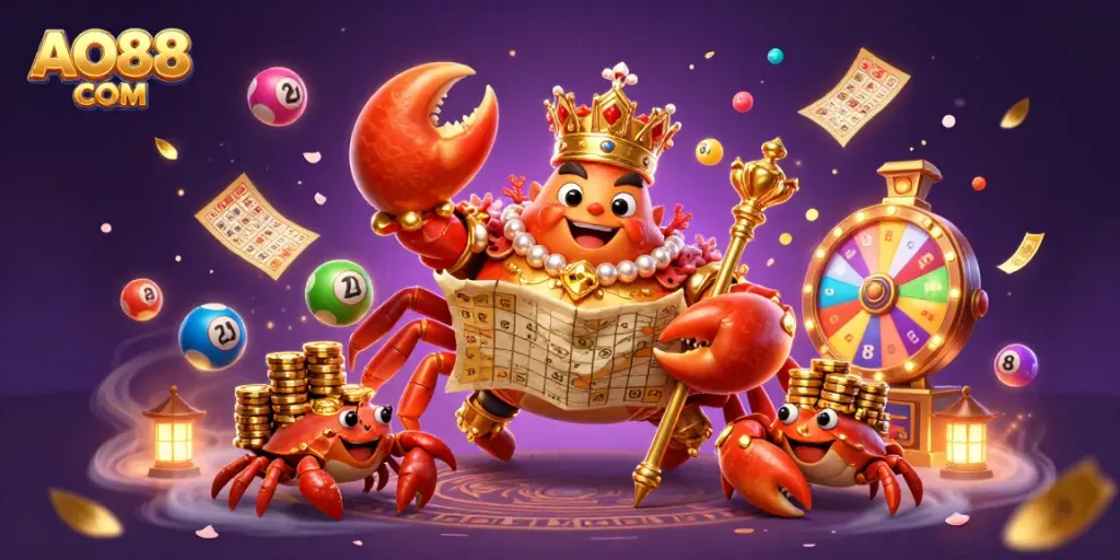 Experience AO88 COM with a golden crab emperor amidst vibrant casino elements and magical visuals.