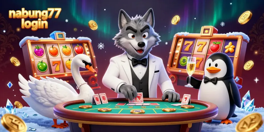 Engage with nabung77 login in this vibrant casino scene featuring 3D characters and slot elements.