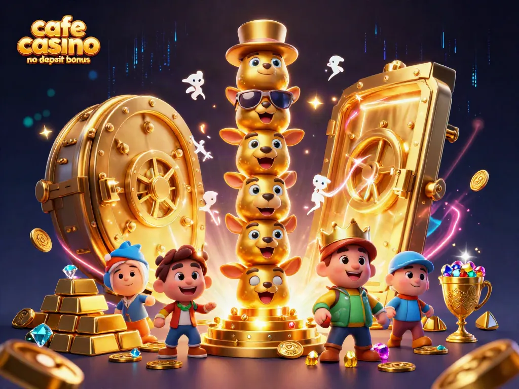 Engage with the exciting cafe casino no deposit bonus through a vibrant 3D casino illustration filled with treasures and gaming elements.