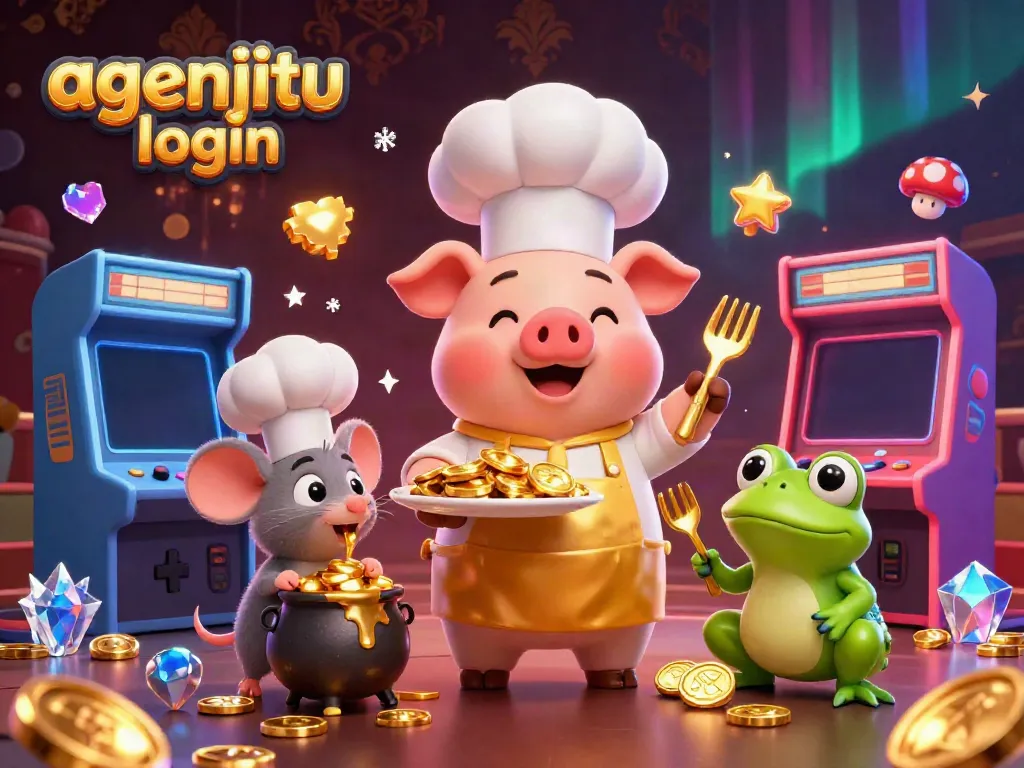 Ilustrasi 3D agenjitu login dengan chef dan karakter kasino lainnya yang meriah.