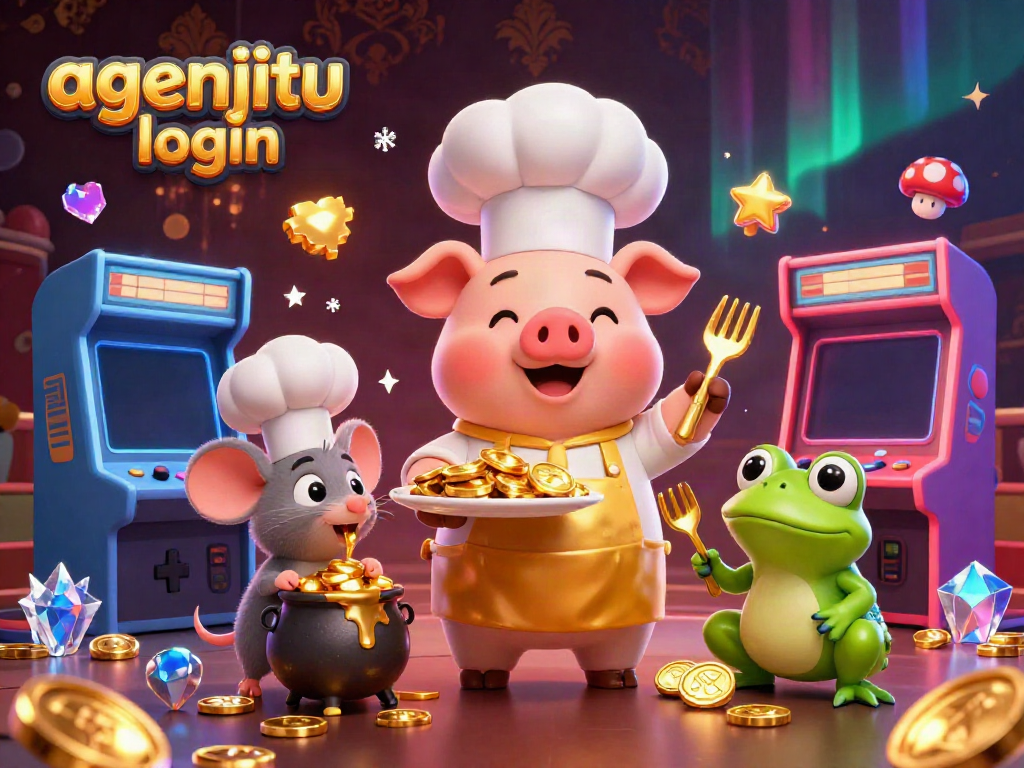 Ilustrasi 3D agenjitu login dengan chef dan karakter kasino lainnya yang meriah.