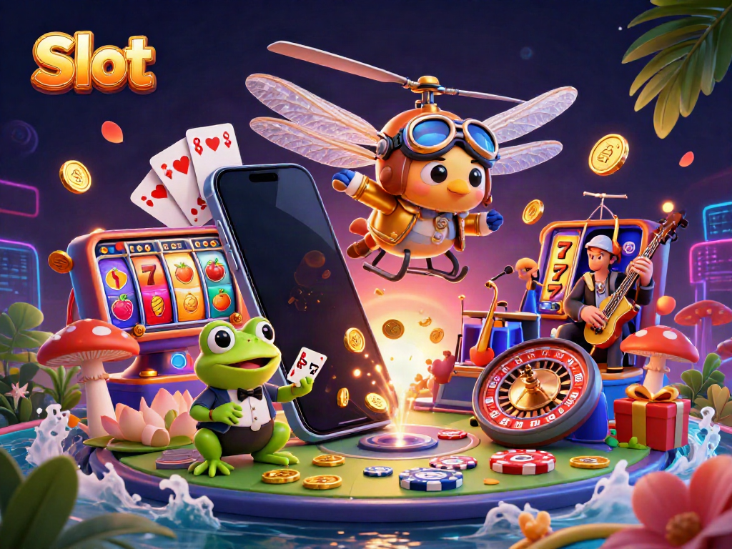 Spin vibrant Slot machines with a dynamic 3D carnival scene of a dragonfly pilot and frog croupier.