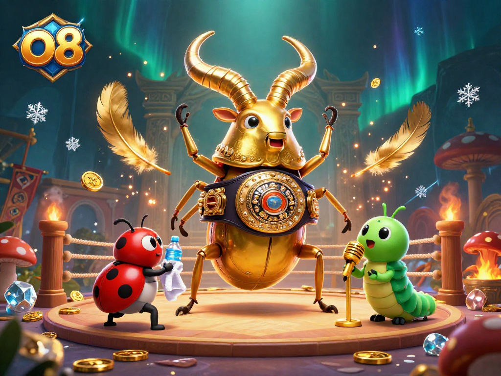 Bet on o8's exciting games featuring a giant beetle champion in a vibrant casino atmosphere.