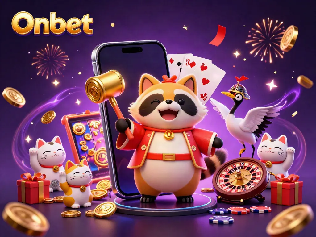Experience Onbet's vibrant casino world with cheerful characters, slot games, and festive elements.
