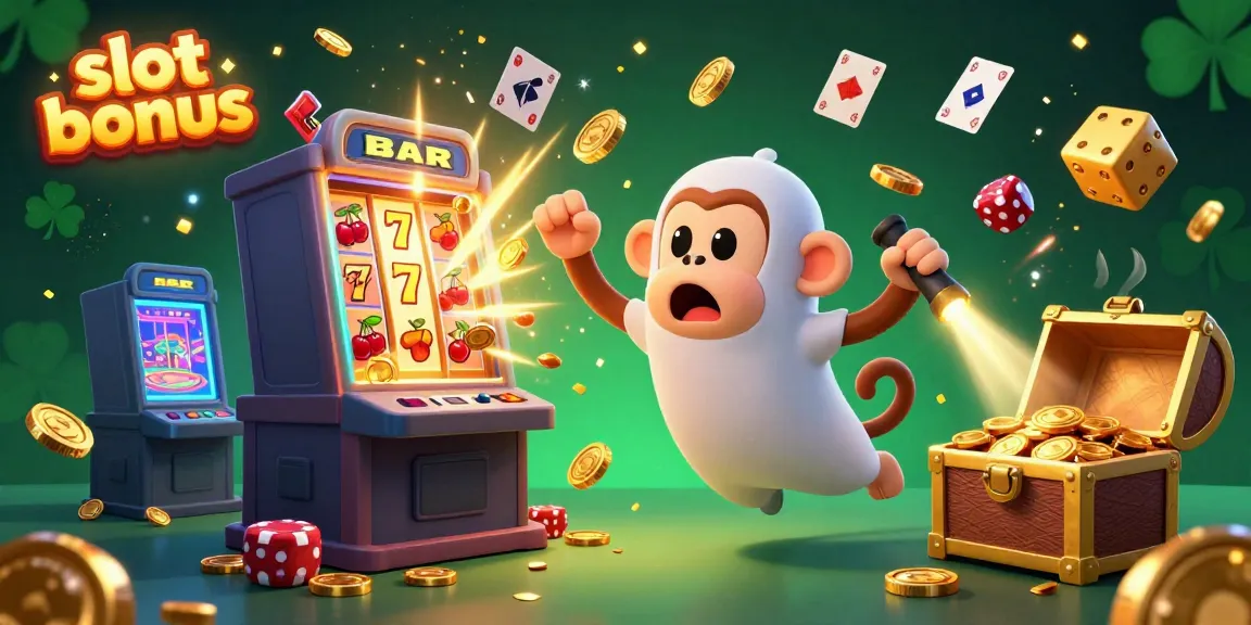 Experience exciting slot bonuses as the animated poltergeist monkey juggles golden objects in a vibrant casino scene.