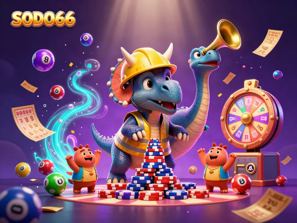 SODO66 enhances the gaming experience with vibrant lottery elements and dynamic characters celebrating wins.