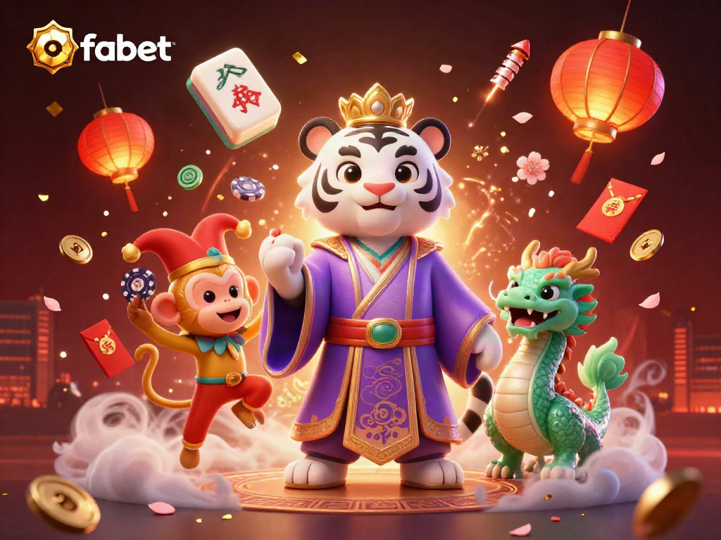 Experience engaging casino entertainment with fabet as a 3D cartoon tiger, monkey, and dragon animate a rich gambling scene.